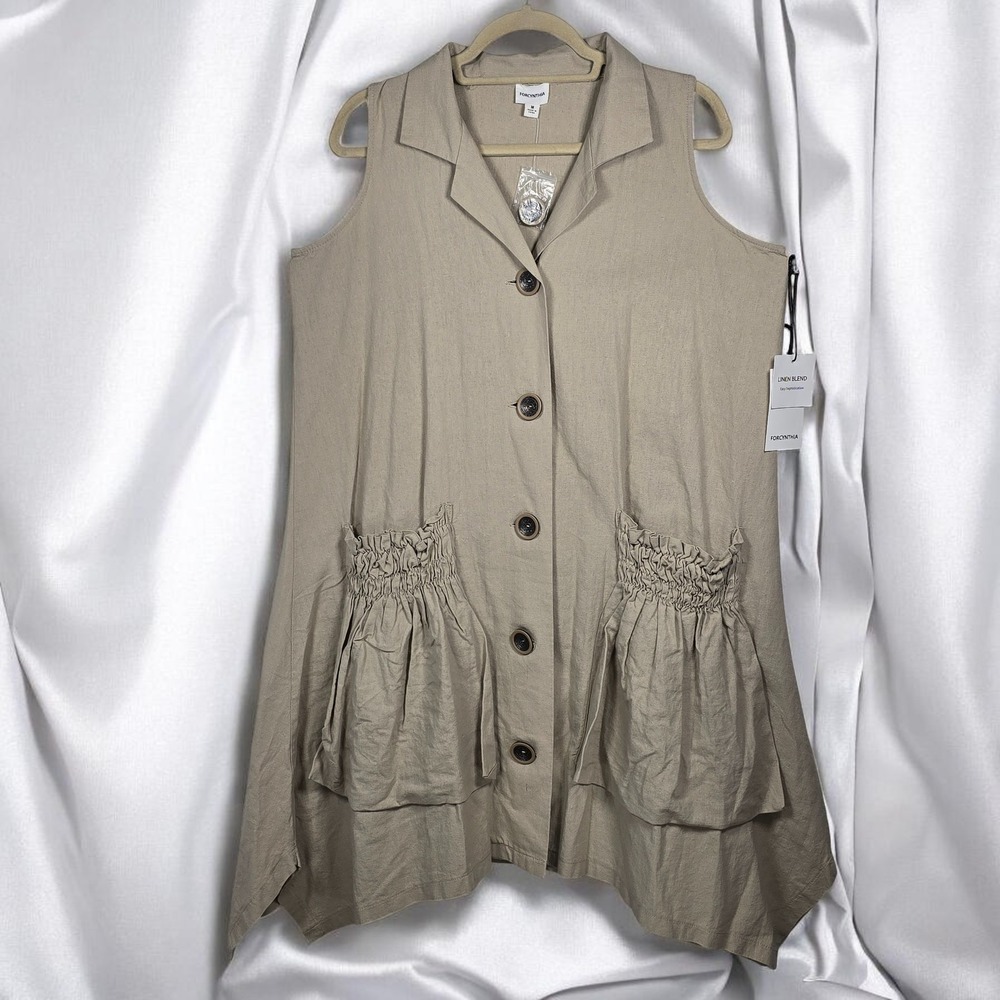 FOR CYNTHIA Dress Women Medium Beige Linen Blend Lagenlook Art Teacher Core NWT